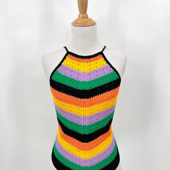 MAJE Stripe Crochet Halterneck Top Womens Medium Chevron Rainbow Stripe NEW - Picture 4 of 16